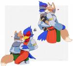 2019 anthro anthro_on_anthro arulerur avian bird blush canid canine clothed clothing dipstick_tail duo embrace eyes_closed falco_lombardi fingers fox fox_mccloud heart_symbol hug kissing male male/male mammal markings multicolored_tail nintendo romantic romantic_couple simple_background smile star_fox tail tail_markings