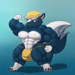 4_fingers abs anthro big_bulge big_muscles bodily_fluids bulge clothed clothing fingers flat_cap fur genitals hat headgear headwear huge_bulge huge_muscles hyper hyper_genitalia hyper_muscles looking_at_viewer male muscular muscular_anthro muscular_male pecs simple_background solo underwear vezerem animal_crossing nintendo kicks_(animal_crossing) mammal mephitid skunk 1:1 hi_res