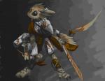 3_toes 4_ears ambiguous_gender armor avali biped black_eyes cutesune digitigrade feathered_wings feathers feet gun long_tail melee_weapon multi_ear ranged_weapon science_fiction solo sword tail toes weapon wings