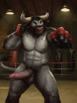 abs anthro balls biceps bodily_fluids clothing curved_penis erection fighting_ring fingerless_gloves fur genital_fluids genitals glans gloves hair handwear horn humanoid_genitalia humanoid_penis inside male muscular muscular_anthro muscular_male navel nipples nude pecs penis precum precum_squirt punching_bag solo standing tail orcfun bovid bovine cattle mammal 3:4 digital_media_(artwork) hi_res