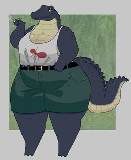 anthro belly belly_overhang belt big_breasts breasts cigarette cleavage clothed clothing female merriam_(fleabagwashere) non-mammal_breasts overweight overweight_anthro overweight_female photo_background solo tail yellow_eyes fleabagwashere crocodilian reptile scalie absurd_res hi_res mixed_media photography_(artwork)