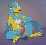 anthro balls claws genitals humanoid_genitalia humanoid_penis looking_at_viewer male open_mouth open_smile pawpads paws penis sitting smile solo spread_legs spreading toe_claws drakawa nintendo pokemon generation_7_pokemon legendary_pokemon pokemon_(species) zeraora 2024