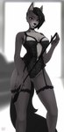 5_fingers anthro biped black_choker black_clothing black_hair black_jewelry black_lingerie black_necklace blurred_background breasts cheek_tuft choker clothed clothing countershade_face countershade_fur countershade_torso countershading eyebrows eyelashes facial_tuft female fingers fur grey_body grey_fur grey_inner_ear_fluff hair holding_object holding_riding_crop holding_whip inner_ear_fluff jewelry lingerie looking_at_viewer necklace pose red_eyes riding_crop solo standing tail tuft whip v3nusbby canid canine canis mammal wolf absurd_res digital_media_(artwork) hi_res pinup portrait shaded three-quarter_portrait