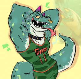 anthro basketball_uniform bedroom_eyes biceps bottomwear clothed clothing collar ear_piercing facial_piercing green_body half-closed_eyes hands_behind_head looking_at_viewer male muscular muscular_anthro muscular_male narrowed_eyes nose_piercing nose_ring piercing ring_piercing scales seductive septum_piercing septum_ring sharp_teeth shirt shorts simple_background smile solo sportswear standing tail tank_top teeth tongue tongue_out tongue_piercing topwear uniform javigameboy goat_(movie) sony_corporation sony_pictures modo_olachenko komodo_dragon lizard monitor_lizard reptile scalie digital_media_(artwork) hi_res