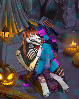 abdominal_bulge animal_genitalia animal_penis anthro arm_warmers armwear balls big_balls bra candlelight cemetery clothed clothing crossdressing duo equine_genitalia equine_penis femboy food fruit genitals hair hat headgear headwear highlights_(coloring) holidays jack-o'-lantern lamp lantern latex legwear light long_hair magic_user male male/male night penis plant pumpkin skeleton_costume thigh_highs tombstone underwear witch witch_costume witch_hat marcaneg halloween mythology fuscus vyktor_dreygo dragon equid equine horse mammal mythological_creature mythological_scalie scalie absurd_res hi_res