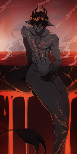anthro black_body black_fur black_hair black_tail colored_nails cracks fish_tail fur hair horn lava looking_at_viewer male markings mermaid_tail mermaidification muscular muscular_anthro muscular_male nails offering_hand offering_to_viewer red_eyes red_nails sitting smile smirk solo split_form steam tail neon-chan mythology alakar bovid caprine caprine_demon demon goat goat_demon hybrid mammal marine merfolk mythological_creature mythological_marine absurd_res hi_res