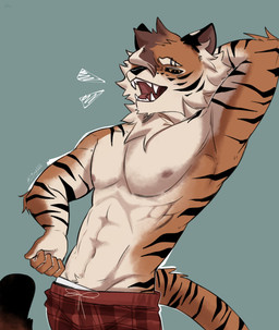 abs anthro arm_tuft black_stripes blue_background bottomwear brown_body brown_fur clothing crotch_tuft elbow_tuft eyebrow_piercing facial_piercing fur hair hair_over_eye hand_behind_head head_tuft male markings muscular muscular_anthro muscular_male neck_tuft nipples open_mouth orange_body orange_eyes orange_fur pants pattern_bottomwear pattern_clothing pattern_pants pecs piercing plaid plaid_bottomwear plaid_clothing plaid_pants red_bottomwear red_clothing red_pants sharp_teeth shirt shirtless_anthro shirtless_male simple_background solo standing stretching striped_body striped_fur striped_markings striped_tail stripes tail tail_markings teeth topwear tuft underwear white_body white_fur l4ng felid mammal pantherine tiger 2025 digital_drawing_(artwork) digital_media_(artwork) hi_res portrait three-quarter_portrait