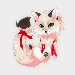 accessory big_head black_markings black_pawpads blue_eyes cheek_tuft chibi dipstick_tail eyelashes facial_tuft female feral fur furgonomics looking_at_viewer markings midair nude open_mouth open_smile pawpads red_ribbon ribbon_only ribbons simple_background small_snout smile smiling_at_viewer solo star_(marking) tail tail_accessory tail_markings tail_ribbon tan_body tan_fur teeth tuft white_body white_fur azzai canid canine fox mammal 1:1 2018 colored digital_drawing_(artwork) digital_media_(artwork) shaded