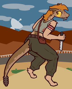 anthro clothed clothing digitigrade fangs female hair holding_knife holding_object knife looking_back notched_ear solo teeth yellow_eyes ikakins fallout microsoft night_stalker_(fallout) absurd_res hi_res