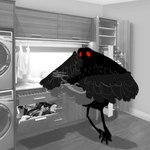 appliance black_body black_fur clothing fur inside laundry_machine long_body red_sclera shadow washing_machine mothmandaily mothman 1:1 hi_res