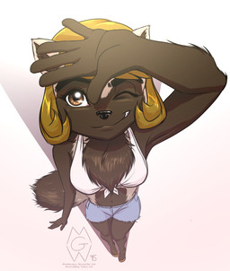 anthro bare_legs bikini bikini_top black_nose blonde_hair bottomwear breasts brown_body brown_eyes brown_fur chest_tuft clothed clothing denim denim_bottomwear denim_clothing denim_shorts eyebrows female fluffy fluffy_tail fur hair high-angle_view light midriff navel one_eye_closed shorts simple_background smile solo sunlight sunny swimwear tail thick_eyebrows tuft two-piece_swimsuit mykegreywolf mel_(mykegreywolf) gulonine mammal mustelid musteline wolverine 2015 hi_res