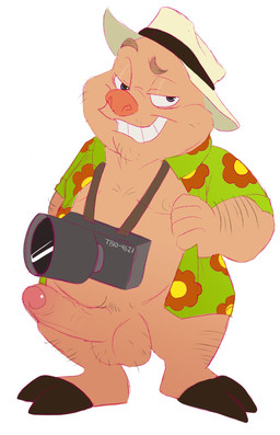 anthro balls camera clothing erection eyebrows foreskin genitals hat headgear headwear humanoid_genitalia humanoid_penis male nipples overweight overweight_anthro overweight_male partially_retracted_foreskin penis shortstack shortstack_male simple_background solo teeth white_background tbid tiny_toon_adventures warner_brothers wade_pig domestic_pig mammal suid suine sus_(pig) hi_res
