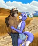 2019 5_fingers anthro black_nose blue_body blue_ears blue_eyes blue_fur blue_hair blue_tail bottomwear breasts brown_body brown_ears brown_fur brown_hair brown_inner_ear brown_tail canid canine cleavage clothed clothing cowboy_hat denim denim_bottomwear denim_clothing detailed_background digital_media_(artwork) digital_painting_(artwork) dipstick_tail duo eye_contact female fingers fluffy fluffy_tail fox fully_clothed fur hair hand_on_back hand_on_chin hat headgear headwear hi_res jeans krystal_(star_fox) long_tail looking_at_another love male mammal markings medium_breasts multicolored_body multicolored_fur multicolored_tail nintendo off_shoulder overalls pants pipyaka railway_track shadow short_hair short_tail smile star_fox tail tail_markings topless two_tone_body two_tone_fur white_inner_ear white_tail