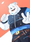 anthro bandage bandage_on_face belly blush fur gesture hand_gesture male one_eye_closed overweight solo v_sign white_body white_fur wink can_tuna lifewonders live_a_hero yohack canid canine canis domestic_dog mammal nordic_sled_dog samoyed spitz hi_res