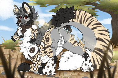 anus bean big_tail blep blue_claws breasts butt claws coffee_bean eyelashes female fluffy fur genitals grass grassland lens_flare markings multicolored_body multicolored_fur nipples nude plant presenting presenting_anus presenting_hindquarters presenting_vulva scenery sky solo spots spotted_markings striped_body striped_fur striped_markings striped_tail stripes tail tail_markings tongue tongue_out tree vulva white_nipples draw4coffee sebnanigans jitter_(draw4coffee) african_wild_dog canid canine hyena mammal striped_hyena taur 3:2 hi_res