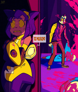 anthro bald behind_another blood blue_clothing bodily_fluids bottomwear chicken_mask clothing denim denim_bottomwear denim_clothing eyewear eyewear_on_head female footwear goggles goggles_on_head gun hair hiding holding_clothing holding_gun holding_object holding_ranged_weapon holding_weapon jacket jeans machine male pants purple_hair ranged_weapon scared scared_eyes searching shoes sweating_profusely text topwear weapon whiskers yellow_clothing yellow_sclera karladraws14 gameoverse glitch_productions hotline_miami jacket_(hotline_miami) kaboodle_(gameoverse) kit_bodega domestic_cat felid feline felis human mammal robot 2026 absurd_res crossover english_text hi_res