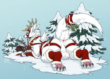 albino anus arm_warmers armwear backsack balls balls_blush bell bell_collar big_claws black_claws black_sclera blush blushing_at_viewer body_blush bridle butt christmas_clothing claws clothed clothed_feral clothing collar digitigrade embarrassed evergreen_tree fake_antlers fake_horns feral finger_claws fluffy fluffy_tail forest forest_background fur genitals halter harness holidays looking_at_viewer looking_back lying male male_feral mistletoe mistletoe_on_tail nature nature_background on_front outside pawpads pine_tree pink_anus pink_pawpads plant presenting presenting_anus presenting_hindquarters quadruped raised_tail rear_view reins snow snowing solo tail teeth_showing toe_claws tree white_body white_fur yellow_eyes crossoff777 capcom christmas monster_hunter hauser_(anormaldog) canid canine canyne mammal palamute 2026 hi_res