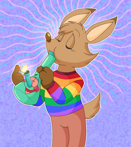 ambiguous_gender anthro blush bong bottomwear brown_body brown_ears brown_fur clothed clothing drugs duo eyes_closed female fingers fur holding_object hooved_fingers hooves lighter marijuana multicolored_clothing multicolored_sweater multicolored_topwear open_mouth pants rainbow_clothing rainbow_sweater rainbow_topwear red_sclera simple_background smoking standing sweater tail topwear saltypupcake deer inanimate_object mammal 2026 digital_media_(artwork) hi_res