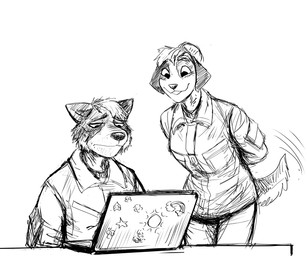 anthro clothing computer duo electronics female hair hair_bun laptop male military_uniform smile tail tail_motion tailwag tired uniform hladilnik samantha_thott canid canine canis domestic_dog mammal procyonid raccoon 2023 6:5 hi_res monochrome