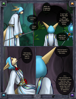 anthro bald big_ears big_tail black_border blue_clothing blue_topwear border cave close-up clothed clothing eyes_closed female forest_background fur gem holding_object holding_staff hood inside magic_clothing magic_staff nature nature_background open_mouth outside plant rear_view red_gem side_view solo speech_bubble staff tail tan_body tan_fur text tired topwear tuft white_clothing eliana-asato melony_(eliana-asato) canid canine fennec_fox fox mammal true_fox 2024 comic digital_media_(artwork) english_text hi_res multiple_scenes