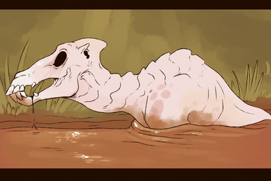 ambiguous_gender bone empty_eyes feral grass light_body mud nightmare_fuel partially_submerged pink_body plant ribs side_view skeleton solo teeth unsigned swampjaws monster