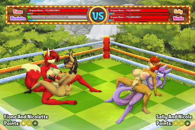 5_fingers abs anthro areola big_breasts big_clitoris black_hair blue_eyes blush bodily_fluids breast_grab breasts brown_body brown_fur butt clitoris clothing competition cum exhausted eyebrows female female/female fighting_ring fingers fur gameplay_mechanics genital_fluids genitals green_eyes hair hand_on_breast huge_breasts muscular muscular_anthro muscular_female nipples nude open_mouth orgasm penetration red_hair sex sexual_competition sexual_fight smile sweat tail tail_fetish tail_in_vagina tail_insertion tail_play text thick_thighs tongue tribadism vaginal vaginal_fluids vaginal_penetration vulva wide_hips therealaisek archie_comics sega sonic_the_hedgehog_(archie) sonic_the_hedgehog_(comics) sonic_the_hedgehog_(series) fiona_fox nicole_the_lynx nicolette_the_weasel sally_acorn canid canine chipmunk digital_creature felid feline fox ground_squirrel mammal mustelid musteline rodent sciurid true_musteline weasel 3:2 colored digital_drawing_(artwork) digital_media_(artwork) english_text hi_res shaded