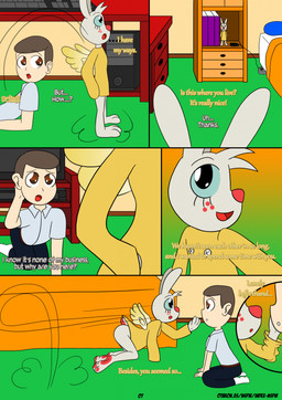 anthro bedroom cartoon_freckles clothing dialogue duo feet female freckled_face freckles hand_on_cheek male male/female motion_lines robe robe_only text wings otakon_(artist) angel_hare the_east_patch angel_gabby jonah_whitman angel human lagomorph leporid mammal rabbit comic english_text hi_res