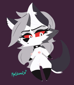 anthro blinking chibi clothing collar ear_piercing eyebrow_piercing eyelashes facial_piercing female fingerless_gloves fur genitals gloves grey_hair hair handwear legwear long_eyelashes long_hair long_tail looking_at_viewer makeup mascara nipples nude piercing pink_nipples pointy_ears red_eyes serious serious_face solo spiked_collar spikes standing stockings tail vulva white_body white_fur msc_cat hellaverse helluva_boss mythology loona_(helluva_boss) canid canid_demon canine demon hellhound mammal mythological_canine mythological_creature animated