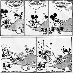 4_fingers ambiguous_gender anthro beak clothed clothing dialogue feral fingers footwear gloves group handwear male motion_lines outside pain shoes speech_bubble spring tail teeth text trio young young_ambiguous young_feral walt_disney_(artist) win_smith disney public_domain mickey_mouse avian bird mammal mouse murid murine rodent 1930 20th_century absurd_res ancient_art black_and_white comic english_text hi_res monochrome