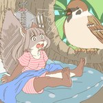 5_toes anthro barefoot bed breasts clothed clothing duo exclamation_point feet female feral furniture humanoid_feet kemono larger_feral micro plantigrade size_difference smaller_anthro soles toes ekaki510 avian bird mammal oscine passerine rodent sciurid sparrow tree_squirrel 1:1