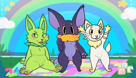anthro arms_above_head balls block blue_eyes blush cloud decoration flaccid foreskin fur genitals green_body green_eyes green_fur group hands_on_ground long_ears male multicolored_body multicolored_fur neck_tuft nude orange_body orange_fur penis purple_body purple_fur rainbow sitting small_balls small_penis standing star toy trio tuft two_tone_body two_tone_fur wall_(structure) yellow_body yellow_eyes yellow_fur young young_anthro clawzetto loomian_legacy roblox bat caracal caracal_(genus) felid feline fevine loomian mammal mustelid musteline stoat true_musteline vambat weasel weevolt digital_media_(artwork) hi_res