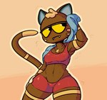 anthro athletic athletic_female big_sister_villager bodily_fluids bored exercise female muscular muscular_female musk solo sweat thick_thighs wide_hips wiping_sweat workout argylesockx animal_crossing nintendo katt_(animal_crossing) domestic_cat felid feline felis mammal