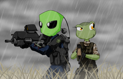 antennae_(anatomy) anthro black_eyes black_sclera camo camo_clothing camo_print clothing duo eyelashes female fingers gloves green_body green_skin gun handwear male multicolored_body multicolored_skin outside pattern_clothing raining ranged_weapon scar standing topwear vest weapon wet yellow_eyes sandwich-anomaly invader_zim nickelodeon amelia_(sandwich-anomaly) fan_character rodney_(gpleader) alien alien_humanoid amphibian frog humanoid irken 2018