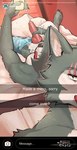 animal_genitalia animal_penis anthro bed bodily_fluids canine_genitalia canine_penis cum cum_on_self electronics fur furniture genital_fluids genitals knot looking_at_viewer male masturbation penile penile_masturbation penis phone scar solo text white_body white_fur exsys beastars legoshi_(beastars) canid canine canis mammal wolf english_text hi_res