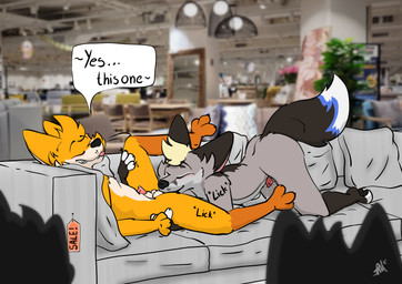 anal animal_genitalia animal_penis anthro balls_blush barely_visible_genitalia barely_visible_penis blush bodily_fluids body_blush canine_genitalia canine_penis cruising duo erection furniture genitals knot male male/male oral orange_body paws penis raised_paw red_penis rimming rimming_male sex sheath tan_body text tongue tongue_out whiskers raposanaranja chris_(raposanaranja) scuzzy_(scuzzyfox) canid canine fox mammal absurd_res hi_res