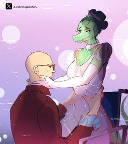 abstract_background anthro armwear bald biped breasts canon_couple clothed clothed_anthro clothed_female clothed_human clothed_male clothing crown disability dress duo elbow_gloves eyewear female fingers gloves green_body green_hair hair hair_bun hands_around_waist hands_on_neck handwear headgear human_on_anthro humanoid_hands interspecies long_hair looking_at_another looking_down male male/female medium_breasts non-mammal_breasts paraplegic red_clothing red_topwear romantic romantic_couple side_view sunglasses tail text tiara topwear vehicle wheelchair white_clothing white_dress white_gloves white_handwear yellow_eyes crayzluther_(artist) cavemanon_studios i_wani_hug_that_gator inco_(iwhtg) olivia_halford baryonyx dinosaur human mammal prehistoric_species reptile saurischian scalie spinosaurid theropod 2025 absurd_res artist_name colored hi_res shaded url