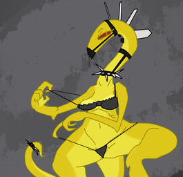 anthro bra clothed clothing collar female grey_background looking_at_viewer muzzle_(object) muzzled panties simple_background skimpy solo spikes spread_legs spreading underwear the_weaver monstro_village monster scalie