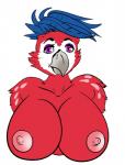 anthro areola beak big_breasts blue_hair breasts female hair nipples non-mammal_breasts non-mammal_nipples simple_background solo punishedkom avian bird macaw neotropical_parrot parrot true_parrot hi_res