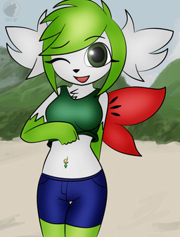 anthro black_nose breasts chest_tuft clothed clothing clothing_lift eyebrow_through_hair eyebrows female fur gloves_(marking) green_eyes green_hair hair looking_at_viewer markings midriff navel navel_piercing one_eye_closed open_mouth open_smile piercing pokemorph smile solo translucent translucent_hair tuft white_body white_fur wink dreameclipsewolf nintendo pokemon generation_4_pokemon legendary_pokemon pokemon_(species) shaymin sky_forme_shaymin 2015 absurd_res hi_res portrait three-quarter_portrait watermark