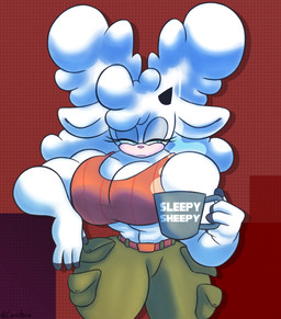 abs anthro big_breasts black_horn blue_eyes blue_sclera bottomwear breasts cargo_pants cleavage clothed clothing container countershading cup eyelashes female fluffy fluffy_hair frown fur green_bottomwear green_clothing green_pants hair holding_container holding_cup holding_mug holding_object horn huge_breasts midriff mouth_closed mug muscular muscular_anthro muscular_arms muscular_female narrowed_eyes orange_clothing orange_shirt orange_tank_top orange_topwear pants pink_body pink_countershading pink_nose pink_skin shirt tank_top thick_thighs topwear white_body white_ears white_fur white_hair white_wool wide_hips wool_(fur) lerntern idw_publishing sega sonic_the_hedgehog_(comics) sonic_the_hedgehog_(idw) sonic_the_hedgehog_(series) lanolin_the_sheep_(sonic) bovid caprine mammal sheep hi_res