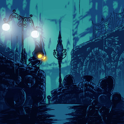 ambiguous_gender anthro biped detailed_background glowing glowing_eyes orange_eyes outside raining sitting solo street_lamp geowaffle hollow_knight_(franchise) team_cherry arthropod infected_(species) 2021 animated