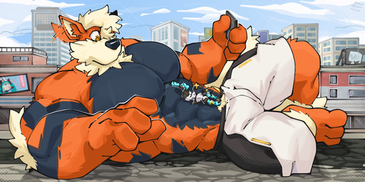 abs anthro barazoku biceps big_muscles big_pecs biped blue_body blue_fur body_hair body_on_body bottomwear bulge chest_hair clothed clothing duo fur hair heterochromia huge_muscles huge_pecs larger_male looking_at_another lying_on_another macro male male/male male_anthro muscular muscular_anthro muscular_male on_ground orange_body orange_fur pecs pokemorph shirt shorts size_difference smaller_male topwear yellow_body yellow_fur oinu_kori nintendo pokemon kori_(oinu_kori) arcanine canid canine generation_1_pokemon generation_4_pokemon luxio mammal pokemon_(species) 2:1 digital_media_(artwork)