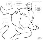 anthro arm_tuft balls condom dialogue duo ellipsis erection facial_tuft genitals imminent_sex lying male moobs mostly_offscreen_character mostly_offscreen_male navel on_side open_mouth open_smile overweight overweight_anthro overweight_male penis raised_leg sexual_barrier_device shoulder_tuft smile solo_focus speech_bubble text tuft fiercedeitylynx marlon_(fiercedeitylynx) bear mammal 2023 absurd_res artist_name hi_res monochrome signature