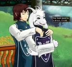 2016 ambiguous_gender anthro asriel_dreemurr_(god_form) black_sclera boss_monster_(undertale) bovid brown_hair caprine clothing duo embrace english_text evelmanian flower frisk_(undertale) fur hair heart_symbol hi_res horn hug human long_ears male mammal open_mouth plant robe text tongue undertale undertale_(series) white_body white_fur