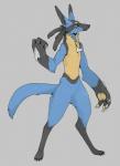 ambiguous_gender anthro biped black_body black_fur blue_body blue_eyes blue_fur fur grey_background multicolored_body multicolored_fur simple_background smile solo spikes tail tan_body tan_fur corykatze nintendo pokemon canid canine generation_4_pokemon lucario mammal pokemon_(species) hi_res