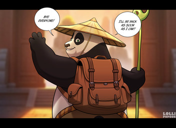 anthro asian_conical_hat backpack black_body black_fur blurred_background clothed clothed_anthro clothed_male clothing day detailed_background dialogue doorway fingers fur gesture green_eyes hat headgear headwear inside light looking_at_viewer looking_back male markings plant rear_view smile solo speech_bubble spots spotted_markings straw_hat sunlight talking_to_viewer text tree walking waving waving_at_viewer white_body white_fur lollipopcon dreamworks kung_fu_panda master_po_ping bear giant_panda mammal artist_name colored english_text half-length_portrait hi_res portrait shaded