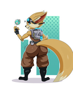 anthro big_butt boots butt butt_jiggle clothing collar confident eyewear eyewear_on_head fingerless_gloves footwear gloves goggles goggles_on_head handwear jiggling jumpsuit looking_at_viewer looking_back love_potion male popped potion shoes shoulder_pads simple_background smile smiling_at_viewer smirk smirking_at_viewer solo tool_belt toony anonymous_artist hi-rez_studios paladins_(game) pip_(paladins) vulpin hi_res