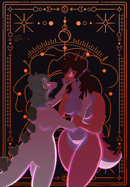 anthro anthro_on_anthro blue_eyes breasts brown_hair butt card duo eye_contact eyebrow_through_hair eyebrows facial_horn featureless_breasts featureless_crotch female female/female green_body green_hair hair hair_bun hand_on_cheek horn interspecies long_hair looking_at_another nude nude_anthro nude_female orange_body red_eyes romantic romantic_couple smile spiked_tail spikes spikes_(anatomy) standing tail tan_body tarot tarot_card translucent translucent_hair twin_buns ironcladjimbo goodbye_volcano_high ko_op_(game_developer) rosa_(gvh) stella_(gvh_beta) aquilops ceratopsian dinosaur marginocephalian ornithischian prehistoric_species reptile scalie stegosaurian stegosaurus thyreophoran absurd_res colored hi_res shaded
