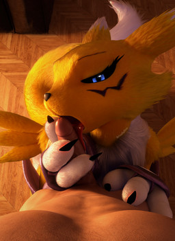 3_fingers anthro arm_warmers armwear black_claws black_sclera blue_eyes bodily_fluids cheek_tuft chest_tuft claws clothing digiphilia duo erection eyelashes facial_tuft fellatio female female_anthro female_focus female_on_human fingerless_gloves fingers first_person_view floor fluffy fluffy_tail fur fur_markings genital_fluids genitals gloves hand_on_leg hand_on_penis hand_on_thigh handwear holding_penis human_on_anthro human_pov humanoid_genitalia humanoid_penis interspecies kneeling licking looking_at_viewer male male/female male_human male_on_anthro male_pov markings nude nude_male open_mouth oral penile penis penis_lick plantigrade precum saliva saliva_string sex simple_background sunrise sunset tail tongue tongue_on_penis tongue_out tuft white_body white_fur wood wood_floor yellow_body yellow_fur actuallysine furromantic_(modeler) bandai_namco digimon renamon_(furromantic) canid canine digimon_(species) human mammal renamon 3d_(artwork) absurd_res blender_(artwork) blender_cycles_(artwork) digital_media_(artwork) hi_res