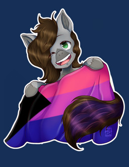 ambiguous_gender brown_hair demibisexual_pride_colors fur green_eyes grey_body grey_fur hair hooves horse_tail looking_at_viewer one_eye_closed open_mouth pride_color_flag solo teeth tongue wink shaygoyle equid equine horse mammal hi_res